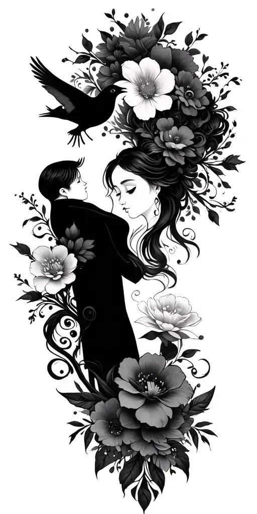 Mother And Son With Flowers And Birds