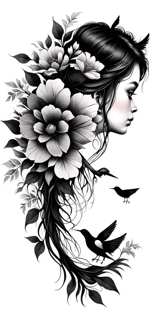 Mother And Son With Flowers And Birds