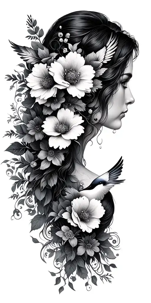 Mother With Sons With Flowers And Birds