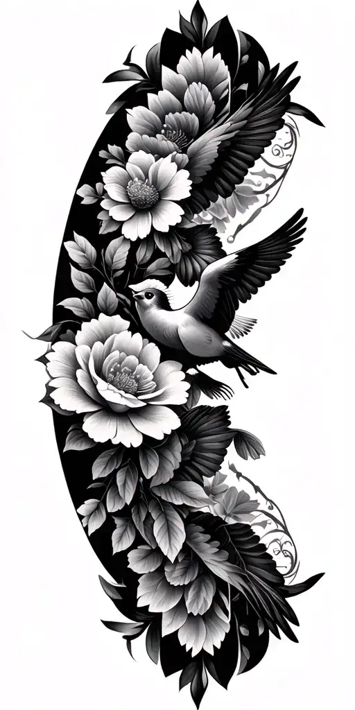 Sons With Flowers And Birds Flying