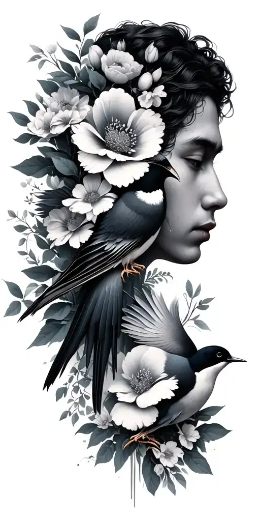 Sons With Flowers And Birds