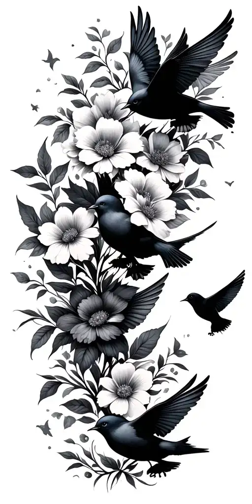 Children Flowers And Birds Flying Towards