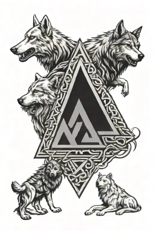 A Norse Valknut Surrounded By Wolves Fending Off Dark Figures