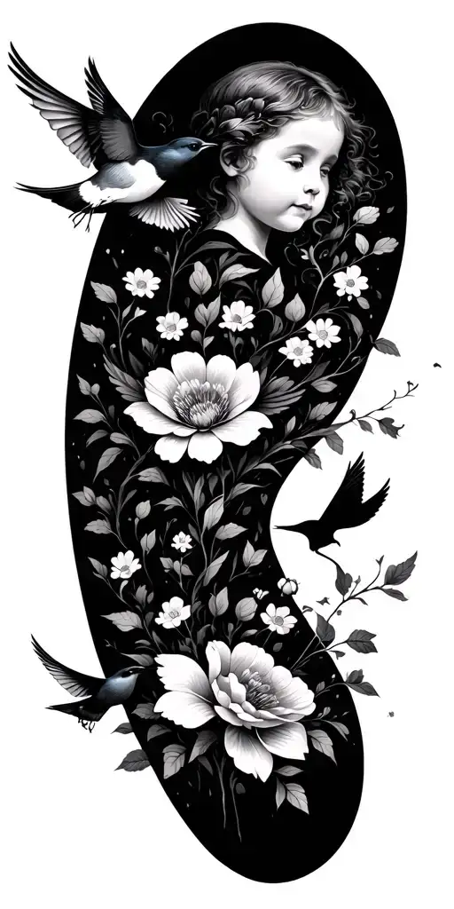 Children Flowers And Birds Flying Towards