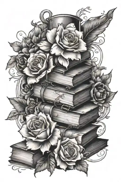 Full Sleeve Arm Tattoo With A Stack Of Book As The Focal Point And Floral Accents