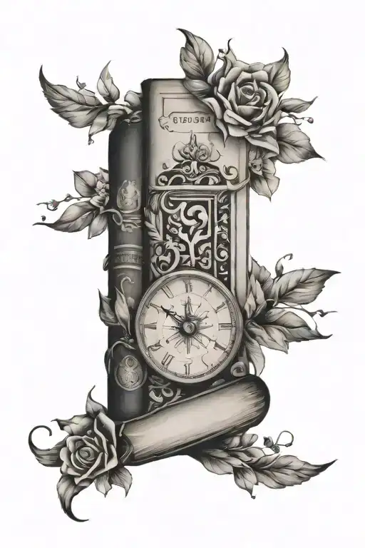 Full Sleeve Arm Tattoo With A Stack Of Book As The Focal Point And Small Floral Accents