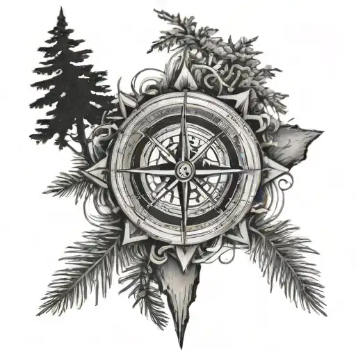 A Unique Black-grey Tattoo Of A Compass Rose Intertwined With Pine Trees And A Flowing River