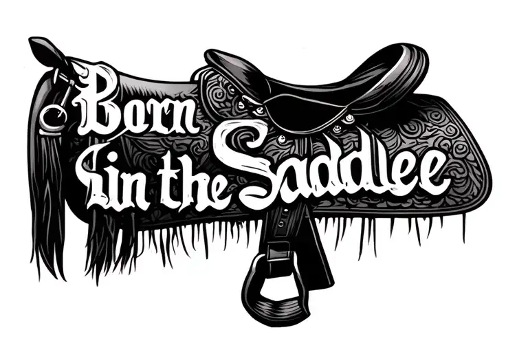 'Born In The Saddle' Word Tattoo Under Nape On Back With A Saddle Incorporated