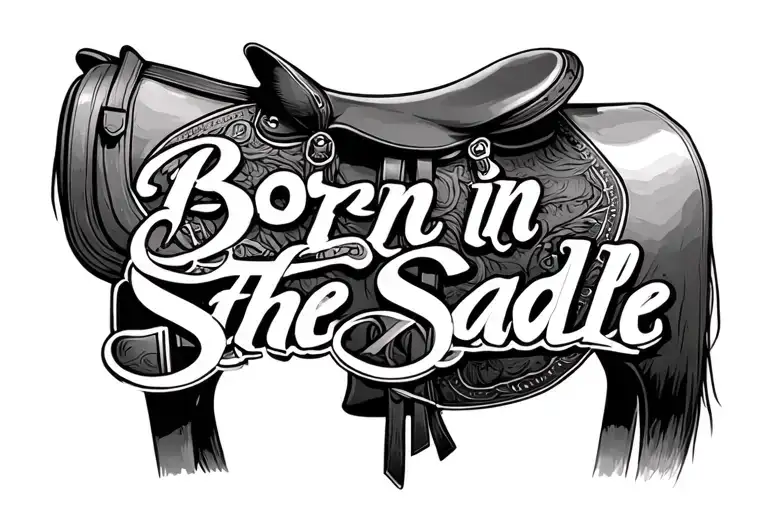 'Born In The Saddle' Word Tattoo Under Nape On Back With A Saddle Incorporated Simple