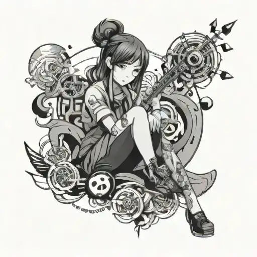 A Worker Girl With Anime-inspired Features Surrounded By Japanese Symbols And Music Notes