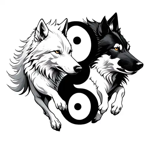 White Wolf And Black Wolf Running Ying Yang Symbol
