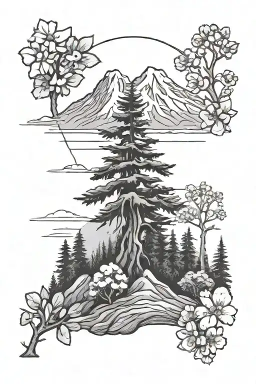 Mt Rainier On Top With Pine Tree Forrest On Bottom With Cherry Blossom Trees And Cacti