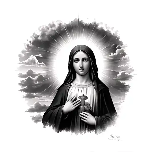 Mary Virgin Drawing With A Degraded Sky And Sun