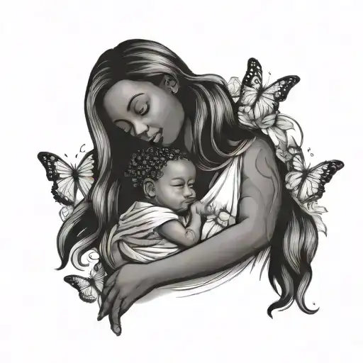 Black Mother And Child Holding Each Other With Butterflies And Hearts