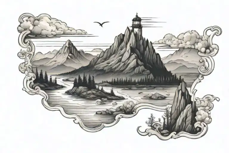 Mountain Range With River That Flows To Ocean Lighthouse