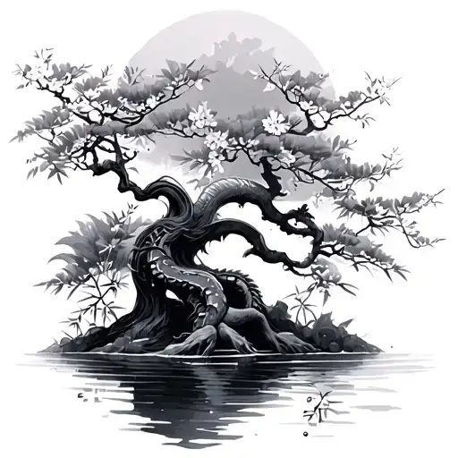 Cherry Blosson Trees And Bamboo With Water And Madusa