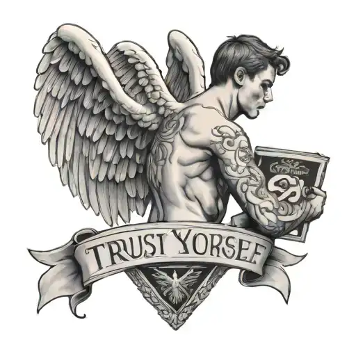 Topless Male Angel With A Banner Below Reading 'Trust Yourself'