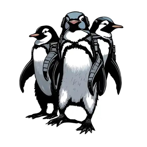 Three Penguins Wearing Tactical Gear Following One Mama Penguin