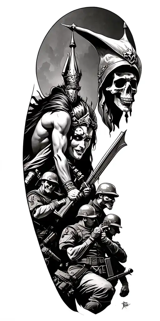 Coverup Infantry Queen Of Battle Tattoo Featuring Soldiers Fighting And A Dead Queen