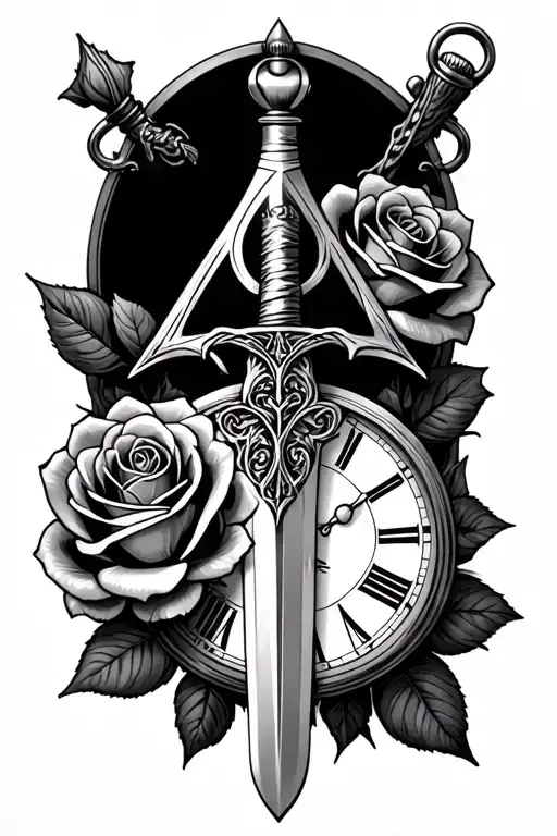 Sword Deathly Hallows Roses Pocket Watch