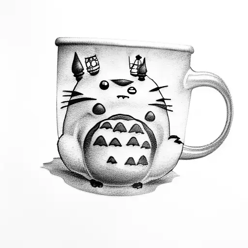 A Tattoo Of Totoro Sitting On A Coffee Cup