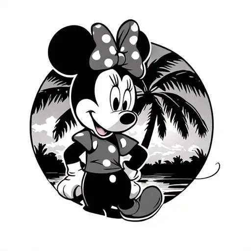Baby Minnie Mouse Palm Tree In The Background Black And White