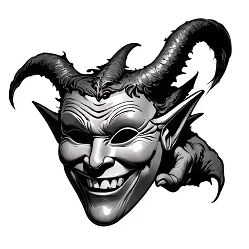 Demon Is Smiling And Holdind The Theatre Mask Before His Face