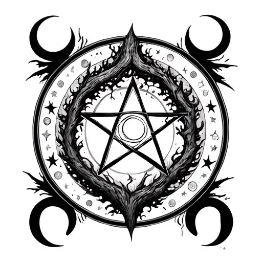 Pentacle With The Tree Of Life Around It And The Moon Phases Around The Inner Part