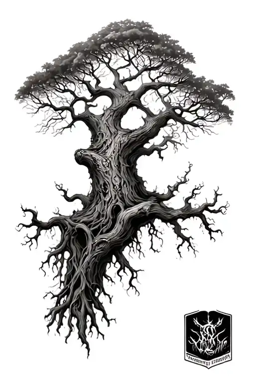 Sleeve Tattoo Of A Wicked Looking Tree Realistic Depiction