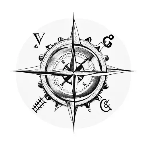 A Black And Gray Tattoo Of A Nautical Compass Surrounded By Realistic Violet And Daffodil Flowers