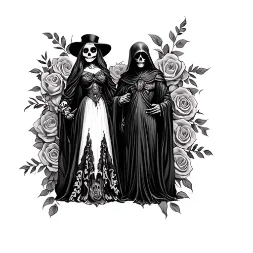 La Catrina With Grim Reaper Standing Side By Side With Skulls And Roses Filling The Background