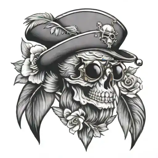 Parrot With Pirate Hat Skull With Sunglasses Exotic Flowers Memento Moro Style Hourglass