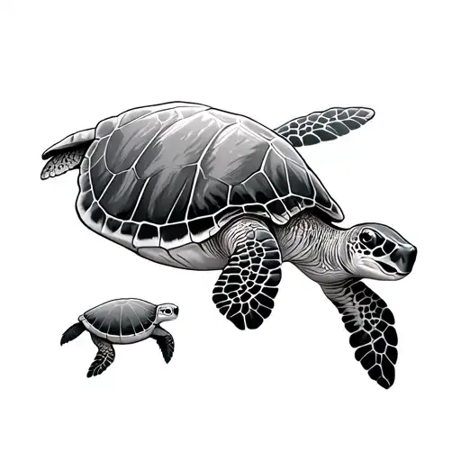 Parent Sea Turtle Swimming With Two Young Sea Turtles