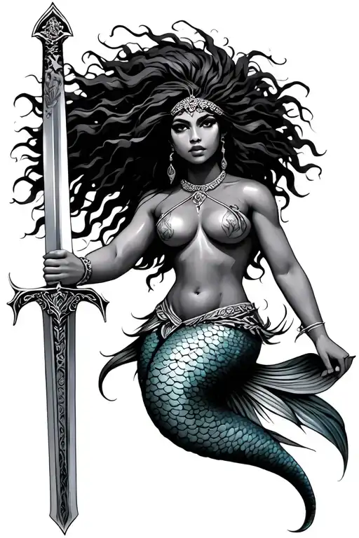 African Mermaid Holding Sword