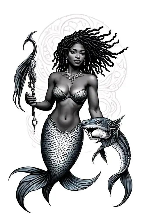African Mermaid With Locs Holding Triton Holding