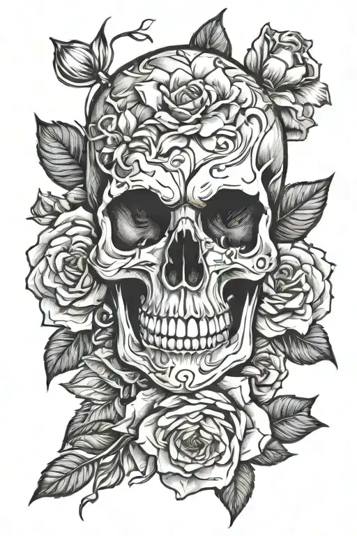 Skull And Flowers Intertwined Tattoo