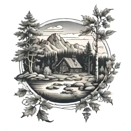 A Detailed Tattoo Of A Traditional Finnish Landscape With A Subtle Music Theme