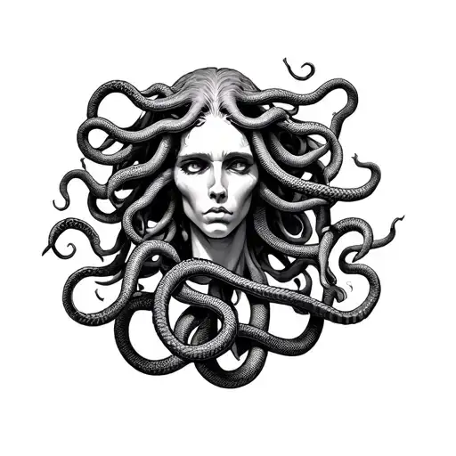 Medusa Head In Center Of Chest With Snakes Going Along Collarbones