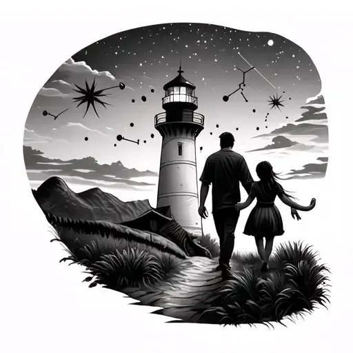 Father And Daughter Walking With Light House And Star Constellations Of A T Rex