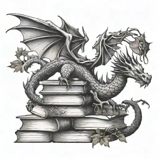 A Dragon Flying Over A Stack Of Books With A Vine Surrounding The Books