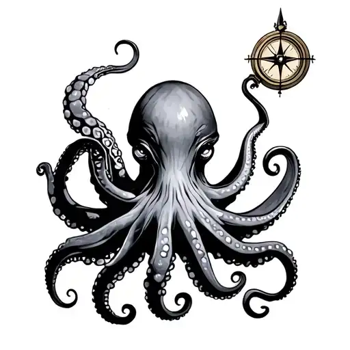 Octopus Holding A Compass