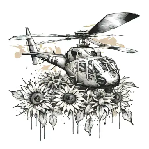 Watercolor Splash Design Of A Helicopter Flying Over A Field Of Sunflowers And Olive Branches