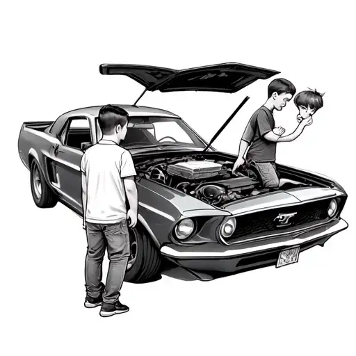 Father And Young Son Leaning Over The Engine Bay Of An Old Mustang