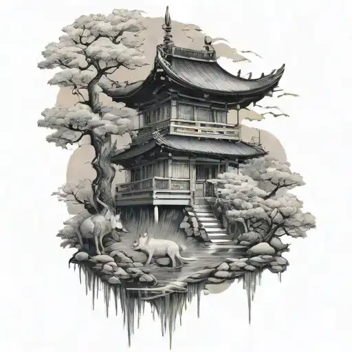 Pond Japanese Pagoda Wolf