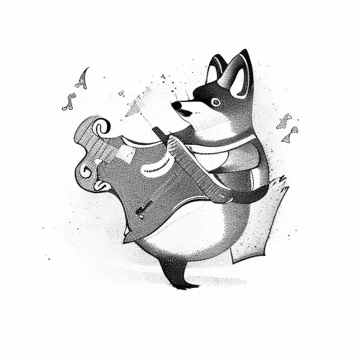 A Ninja Fox Playing A Guitar While Surrounded By Confused Penguins