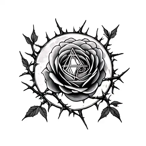 Moon Rose Pentagram Inside Surrounded By Thorns Growing