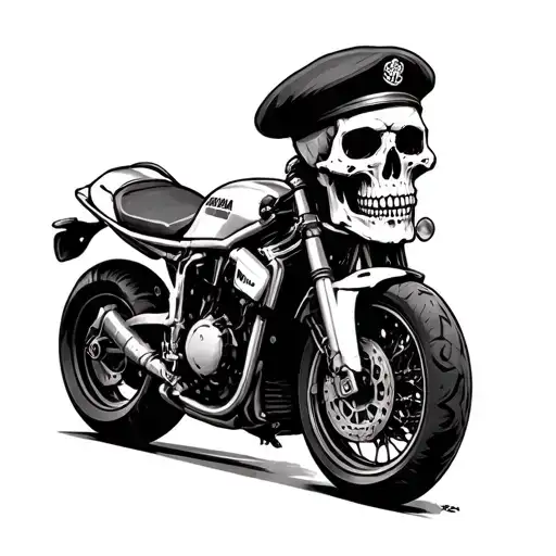 Skull With A Military Beret And A Yamaha Motorcycle
