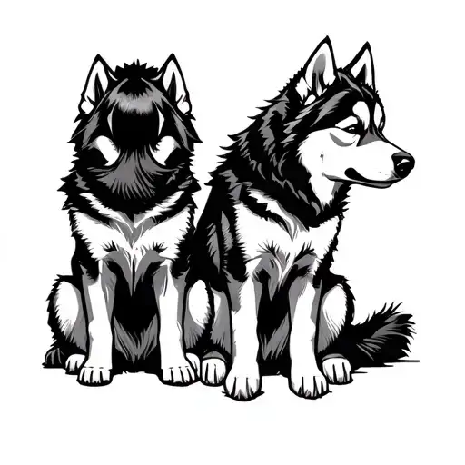 Outline Of Husky And Boy Sitting Next To Each Other From Behind