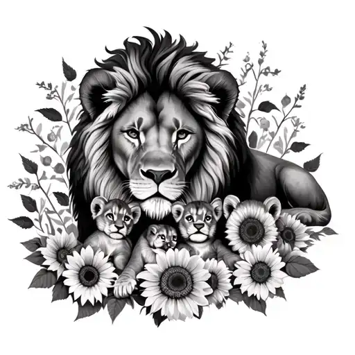 Lion With 4 Cub Laying With Sunflowers And Roses