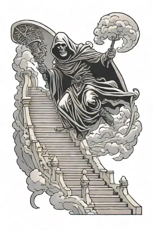 Grim Reaper Walking Up Stairs Going Into Heaven